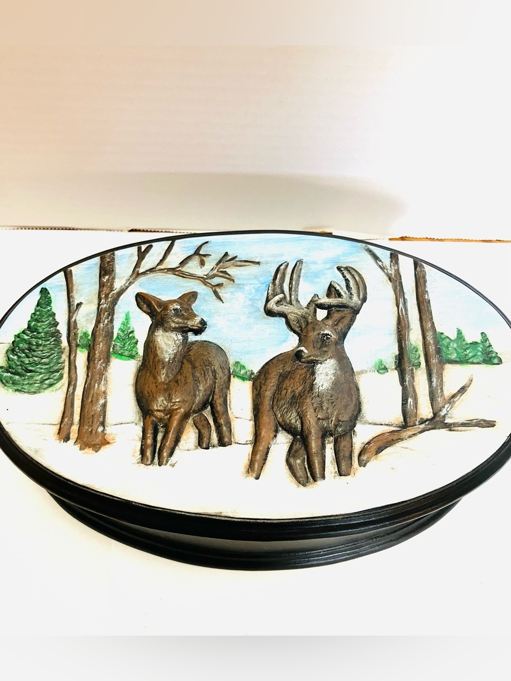 Hand Painted Ceramic Deer Stag Oval Trinket Jewelry Box Read 3D Top
